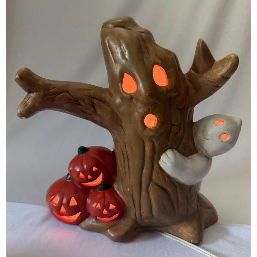 Vintage Halloween Light Up Ceramic Scary Tree Ghost Jack O Lantern 10" Tall